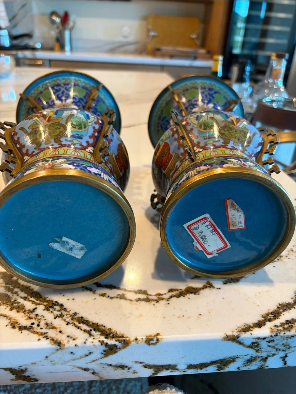 Blue Cloisonné Floral Decorative Vase Pair. Made out of metal